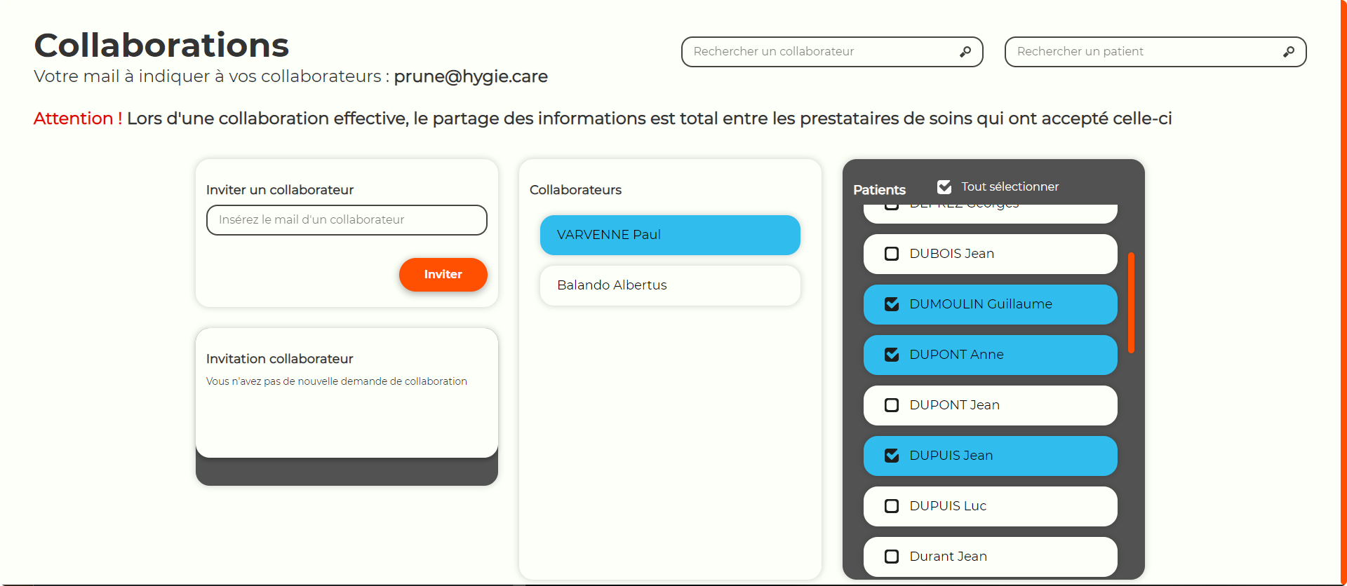 Screenshot à la collaboration entre les infirmiers
                                     dans l'application Hygie Epiox